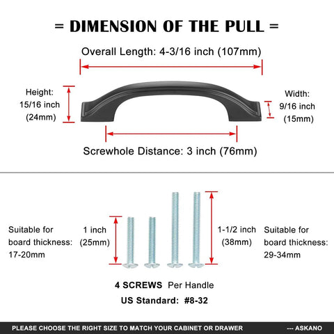 Diagram showing dimensions of 10 Pack 3 Inch Brushed Nickel Cabinet Pulls Satin Nickel Cabinet Handles with screws.