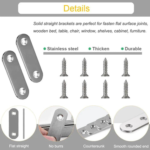 20 Pieces Stainless Steel Straight Brace Brackets 2 Inch Flat Mending Plates With Screws for wood furniture repair with counterbored design