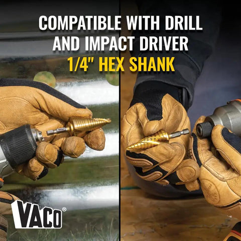 Step Drill Bit Set For Thin Metal Plastic Aluminum And Wood Seven Eighths To One And Three Eighths Inch Double Spiral Flutes For Fast Cutting Titanium Nitride Coating Heat Dissipation Quarter Inch Hex Shank By Klein Tools in use with drill and impact driver