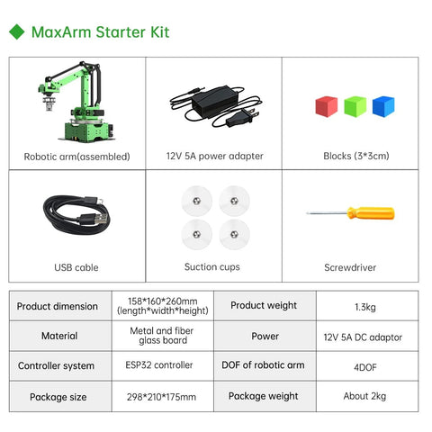 MaxArm Starter Kit with assembled robotic arm, 12V 5A power adapter, color blocks, USB cable, suction cups, screwdriver
