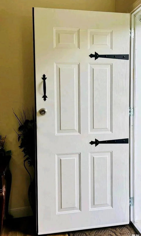 White door with Screw Mounted Faux Garage Door Hardware Set With 4 Hinges And 2 Handles In Durable ABS Plastic, carriage door style.