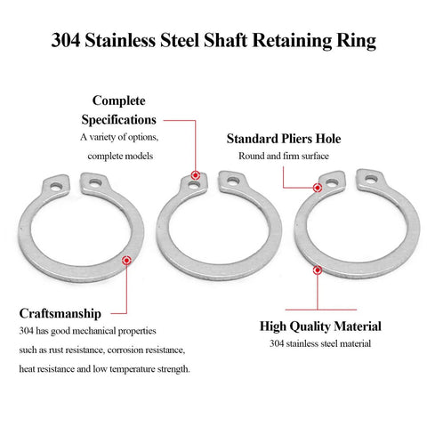 50 Pcs External Circlips C Clip Retaining Rings 304 Stainless Steel For Axles Shafts And Other Moving Parts Size Options 21mm To 25mm Durable Pro Grade Heavy Duty Snap Rings Kit displayed with features.