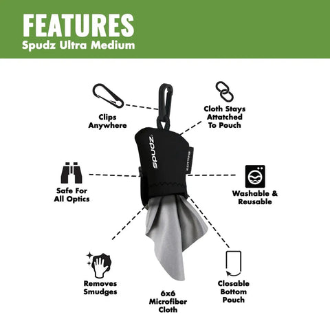 Ultra Microfiber Lens Cleaner With Clip On Closable Pouch For Optics And Glasses featuring a 6x6 microfiber cloth and clip.