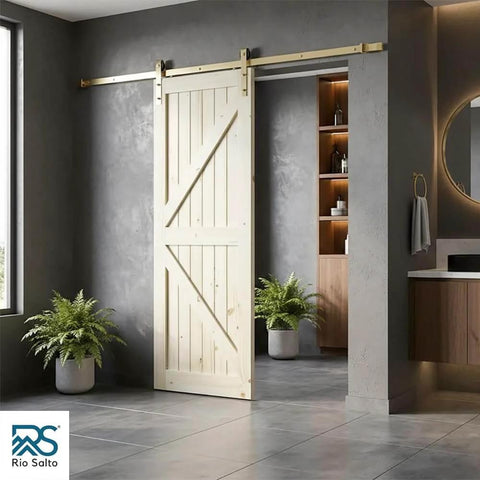 Gold Brushed Brass Barn Door Hardware Kit For 5 Feet Sliding Track Slick Aluminum System Quiet Smooth Operation Hardware Only