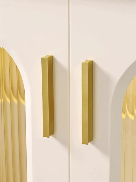 2 Pack Solid Brass Cabinet Handles In Brushed Gold Finish Modern Kitchen Hardware shown installed on white cabinet doors