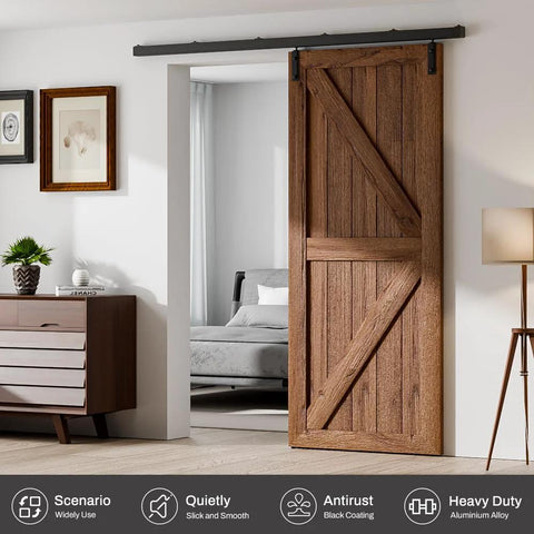 Beefy Heavy Duty Box Rail Sliding Barn Door Track Kit Aluminum Alloy Wall Mount For A Single Door Up To 36 Inches Wide, Supports 330 Lb Capacity, Six Foot Length, Smooth Quiet Glide, Easy Install, No Door Included installed with wooden door