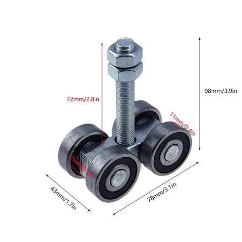 Four Wheel Trolley Assembly For Box Rail Hanger System with dimensions and silent stable rollers visible