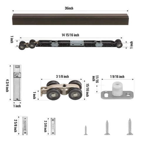 72 Inch Pocket Door Hardware Kit With Soft Close, Heavy Duty Aluminum Track, various components and measurements displayed