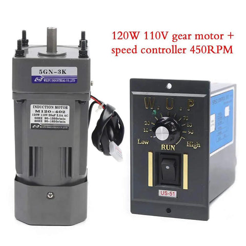 Electric Gear Motor 110V 120W AC Gear Reducer with Speed Controller, Cast Aluminum Housing, High Torque, Low Noise Operation