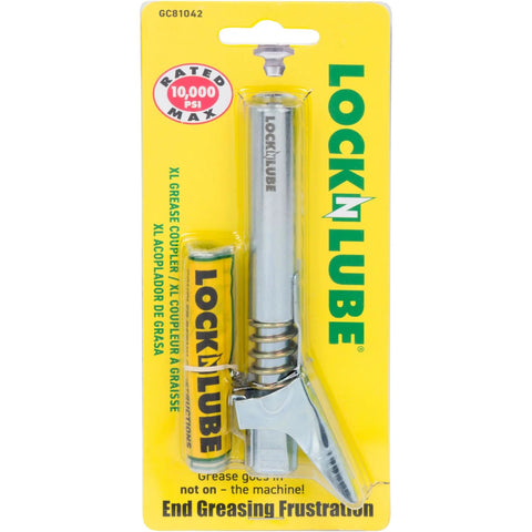 LockNLube XL grease gun coupler on yellow packaging; chrome metal tool for universal fit and extra reach