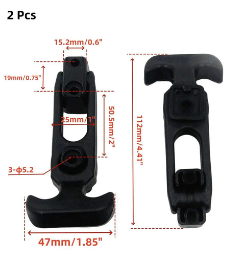 2 Pack Black T Handle Draw Latches With Screws For Hatch Enclosures, showing front and side views with dimensions