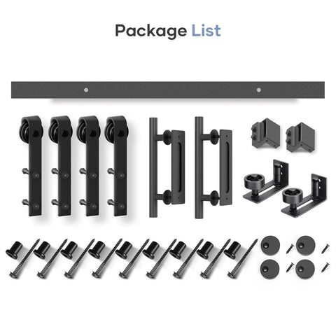 12 Ft Double Sliding Barn Door Track Kit With Ball Bearing Rollers, hardware components and black powder coated steel parts displayed