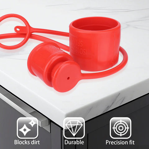 Red rubber dust caps for 1/2 in flat-face hydraulic quick-connect couplers; 4 sets of male/female covers.