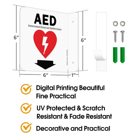 High Visibility AED Sign With Down Arrow Faittoo 6x6 Inch Acrylic Double Sided 90 Degree Projection with screws shown