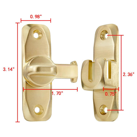 Dual 90 180 Degree Barn Door Latch Lock in Zinc Alloy with dimensions marked, shown uninstalled.