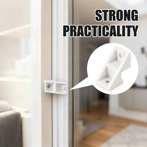 Eight Pack Patio Door Clips And Fixed Panel Brackets For Wood Gliding Sliding Doors Durable Plastic Construction Abrasion Resistant Brackets For Stable Long Lasting Operation In Bulk Pack installed on patio door with close-up inset of white bracket.