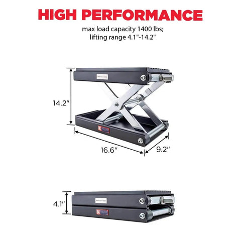 Beefy Heavy Duty 1400 Lb Motorcycle Lift Scissor Jack with handle and ratchet, shown at maximum and minimum height levels.