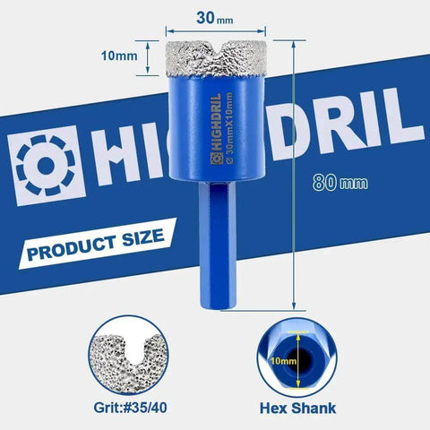 Dry Diamond Tile Drill Bit With Hex Shank 30mm Diameter For Porcelain Ceramic Marble And Granite Tough Materials Vacuum Brazed Core Bit Delivers Fast Chip Removal Low Heat Clean Edges Fits Most Electric Drills, front view showing dimensions and details.