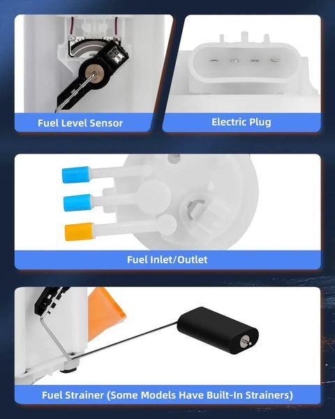 Fuel Pump Replacement E3992M components showing sensor, plug, inlet/outlet, and strainer for Chevy S10 Blazer and similar SUVs.