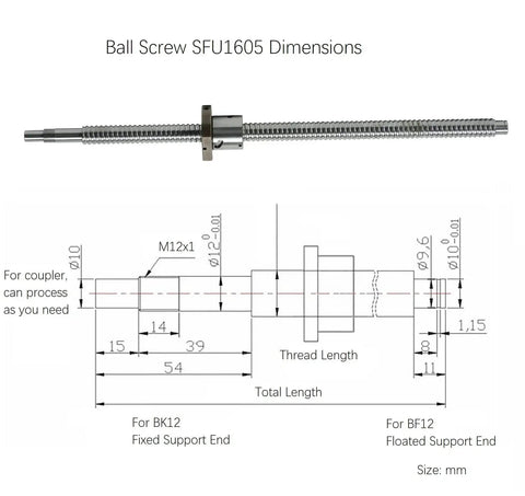 Diagram of SFU1605 1000mm Linear Ball Screw Kit dimensions with Anti Backlash Nut, BK12 End Support, and BF12 Floating End Support.