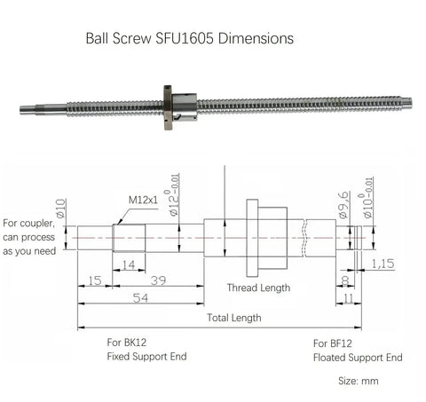 SFU1605 Linear Motion CNC Ball Screw Kit With Anti Backlash Nut 750mm 29.53in dimensions and technical drawing.