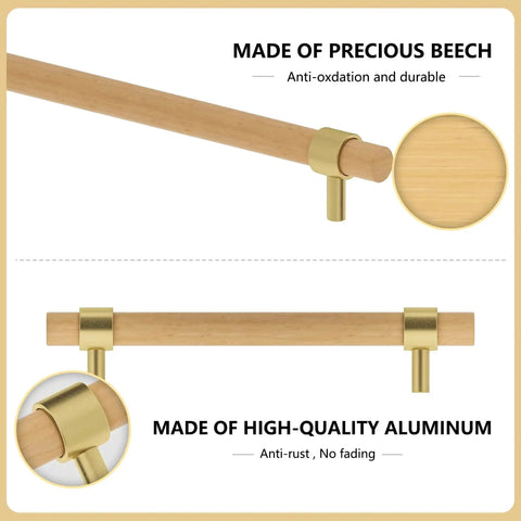 Beech Wood Drawer Pulls 10 Pack Gold Finish Cabinet Handles Knobs Aluminum Brass Construction