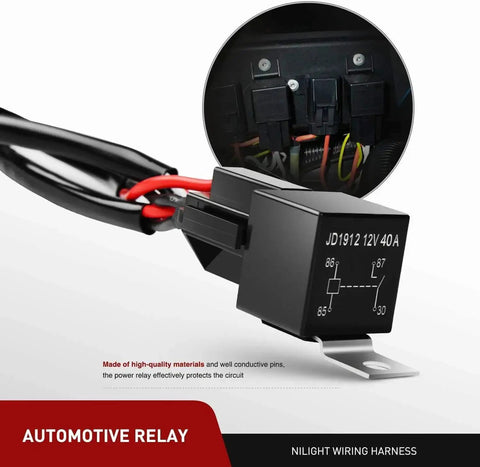Close-up of 12V power relay from 2 Pack 16AWG LED Light Bar Wiring Harness Kit with 2 Leads, for off-road use in cars and boats.