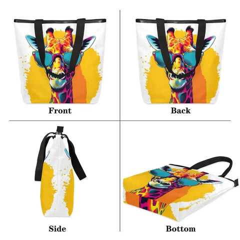 Durable Canvas Tote Bag For Women And Men With Zipper Closure, Reusable Grocery And Shopping Tote, Stylish Shoulder Handbag For Beach, Gym, Picnic Or Work, Eco Friendly Carryall With Giraffe Print Accent shown in different views