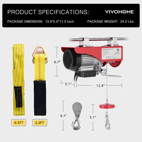 Electric Hoist 440 Lbs Winch 110V With Remote Control ETL Listed 38 Ft Lift with dimensions and straps visible