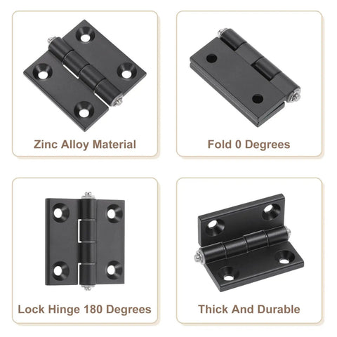 Zinc Alloy Mini Folding Hinges For Cabinets 60mm X 60mm Black Two Pack Uxcell 180 Degree Adjustable Hinges For Wooden Boxes And Woodworking Craft Project Cabinet Lids, displayed in various positions to show folding and lock features.