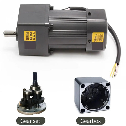 Versatile Adjustable Variable Gear Reducer Motor 90W 110V 75RPM with speed controller for industry, showing motor, gear set, gearbox.