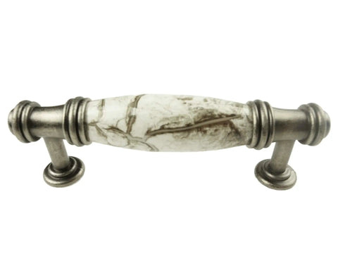 Decorative cabinet pull with textured handle, metal accents, elegant design suitable for kitchen, bath renovations, furniture makeovers.