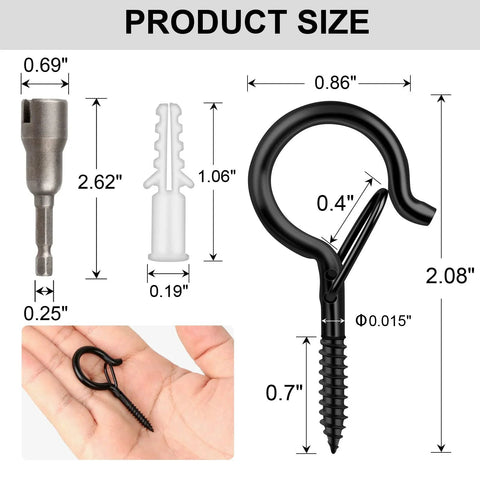 Product size of 36 Piece Q Hanger Hooks with Safety Buckle for outdoor string lights, showing dimensions and components.