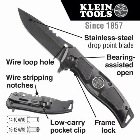 Folding Pocket Knife For Electricians With Bearing Assist Flipper And Frame Lock, Black Handle, Stainless Steel Blade, Belt Clip
