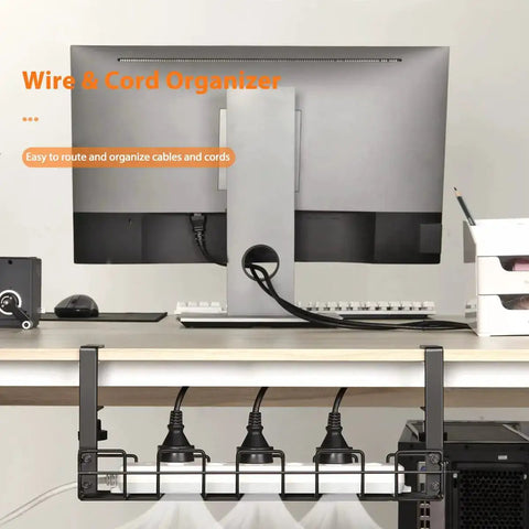 Under Desk Cable Management Tray Organizer for cords and wires, no drill installation, mounted under desk with cables and devices