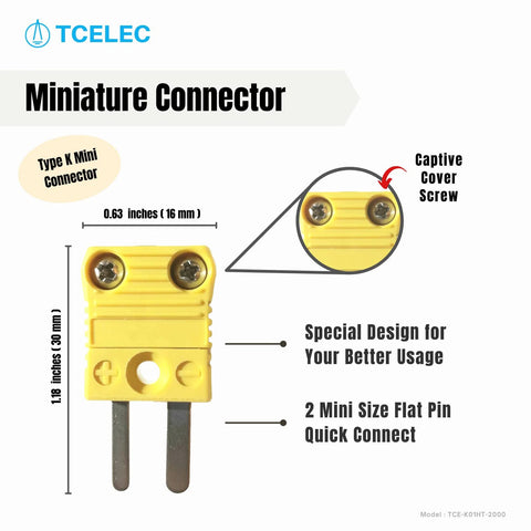 TCELEC Type K mini connector, yellow plastic body with two flat pins for thermocouple sensors in ovens and furnaces.