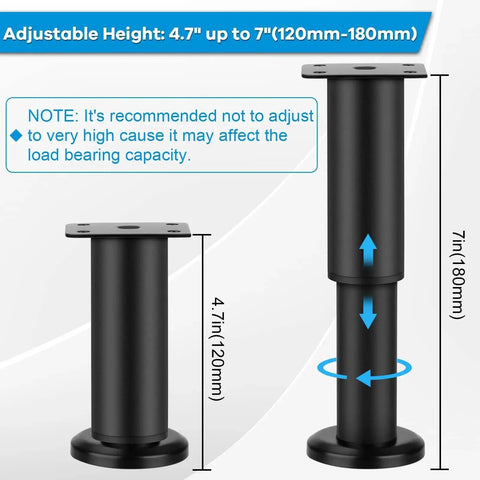 Heavy Duty Metal Adjustable Furniture Legs Set Of 4, 4.7 To 7 Inch, Replacement Legs For Couch Bed Desk Table Chair Sofa Dresser, Black Finish. Height chart and stability advisory visible.
