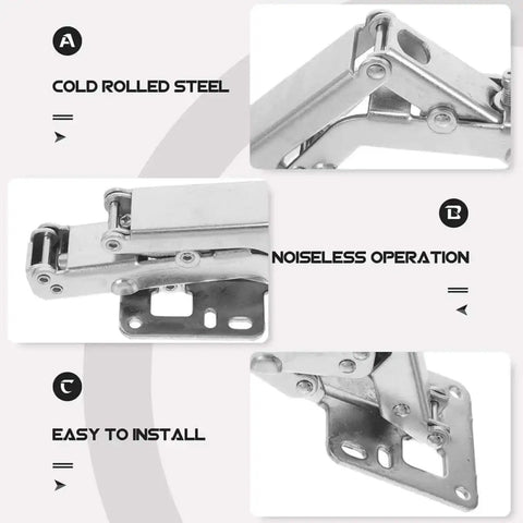 Close-up of beefy hidden concealed door hinges showing cold rolled steel, for 170 degree thick doors, sturdy and easy to install.