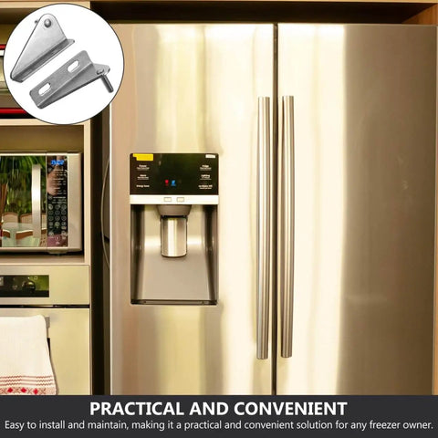 Professional Refrigerator Door Hinges For Freezers Stainless Steel Adjustable 2.95x1.5x0.98 Inch Small Freezer Replacement Hinge shown next to a stainless steel refrigerator.