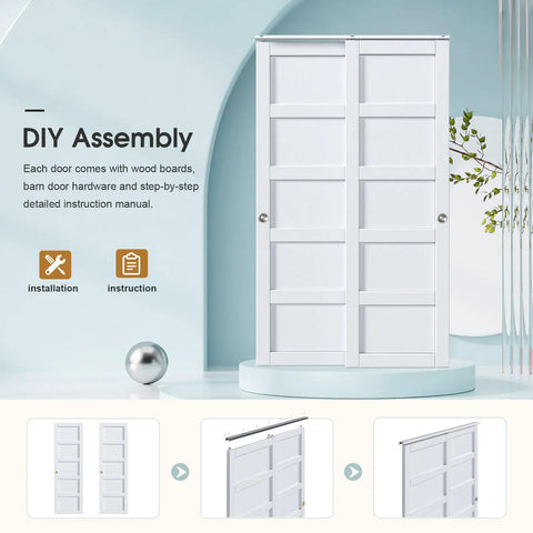 Sliding Closet Door 48x80 Inches, Five Panel Bypass Barn Doors With Concealed Hardware Track Kit Included, White Finish, DIY Assembly