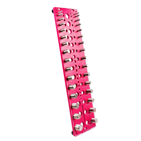 51 In 1 Bolt Size Finder And Thread Gauge With 32 Metric And 32 SAE Threads Plus 19 Drill Bit Check Openings CNC Machined Aluminum Screw Size Chart Go No Go ANSI Standard Non Slip Base, angled view showing gauges.