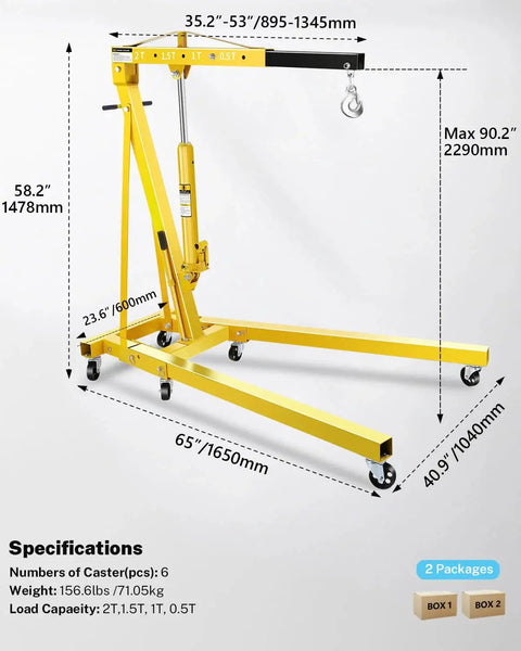 2-Ton hydraulic shop crane by Amazon with six casters and yellow steel frame