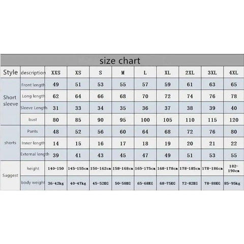 Apparel size chart for XXS to 4XL including measurements for sleeve length, bust, pants, and height in cm, body weight in kg.