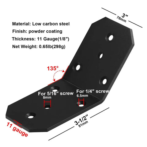 Six Pack 45 Degree Inside Flush Angle Brackets For 4x4 Wood Posts Heavy Duty 11 Gauge Steel, size and screw details shown