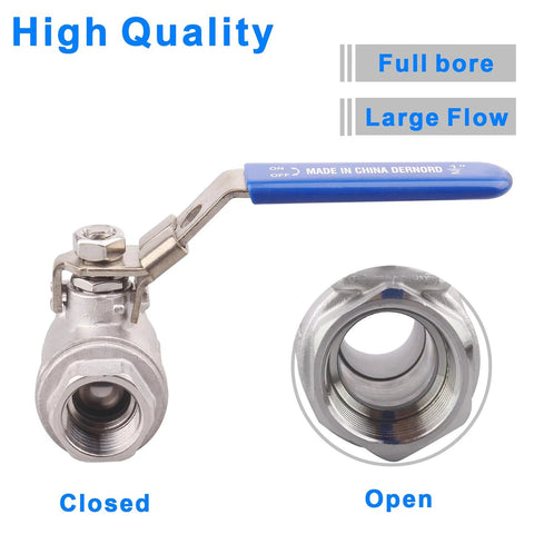 DERNORD 2-pack stainless steel 304 ball valve with blue locking lever, 1/2 in NPT, full port
