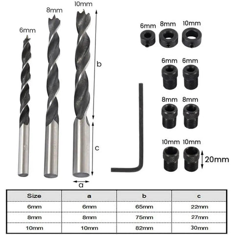 Drill bits and components from Pocket Hole Screw Jig And Dowel Drill Joinery Kit For Woodworking, with size chart.