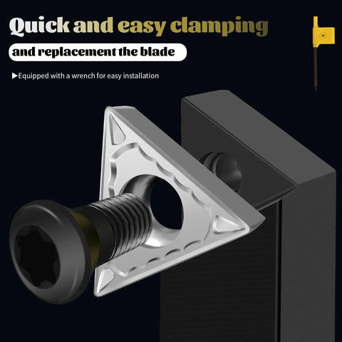 Close-up of indexable insert on carbide lathe tool from Five Sets Of Three Eighths Inch Carbide Lathe Tool Bits Kit For Metal Turning.