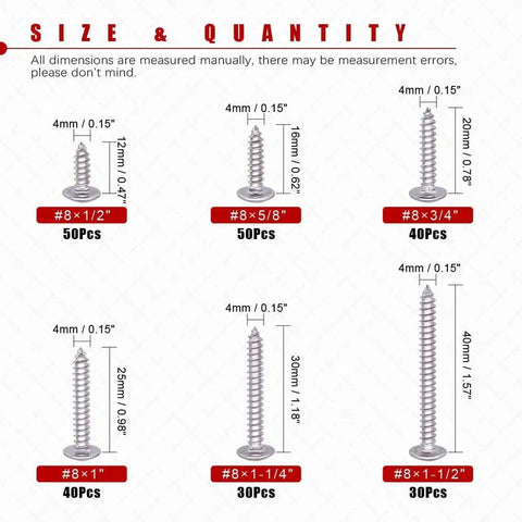 Number 8 304 Stainless Steel Phillips Truss Head Self Tapping Sheet Metal Screws with sizes 1/2 to 1-1/2 inch, 240 pieces chart