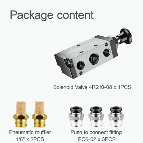 Package contents including solenoid valve 4R210-08, pneumatic mufflers, and push-to-connect fittings for pneumatic systems.