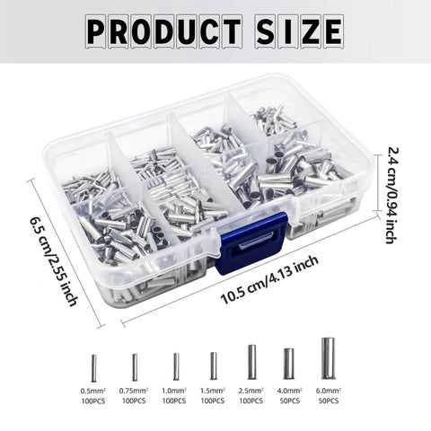 600 Pcs Wire Ferrules Kit In 7 Sizes Tinned Copper Crimp Connectors For 22 To 10 AWG Non Insulated Cable End Terminals Assortment Pack For Quick Clean Electrical Connections In DIY Automotive And Pro Projects, storage case with labeled compartments